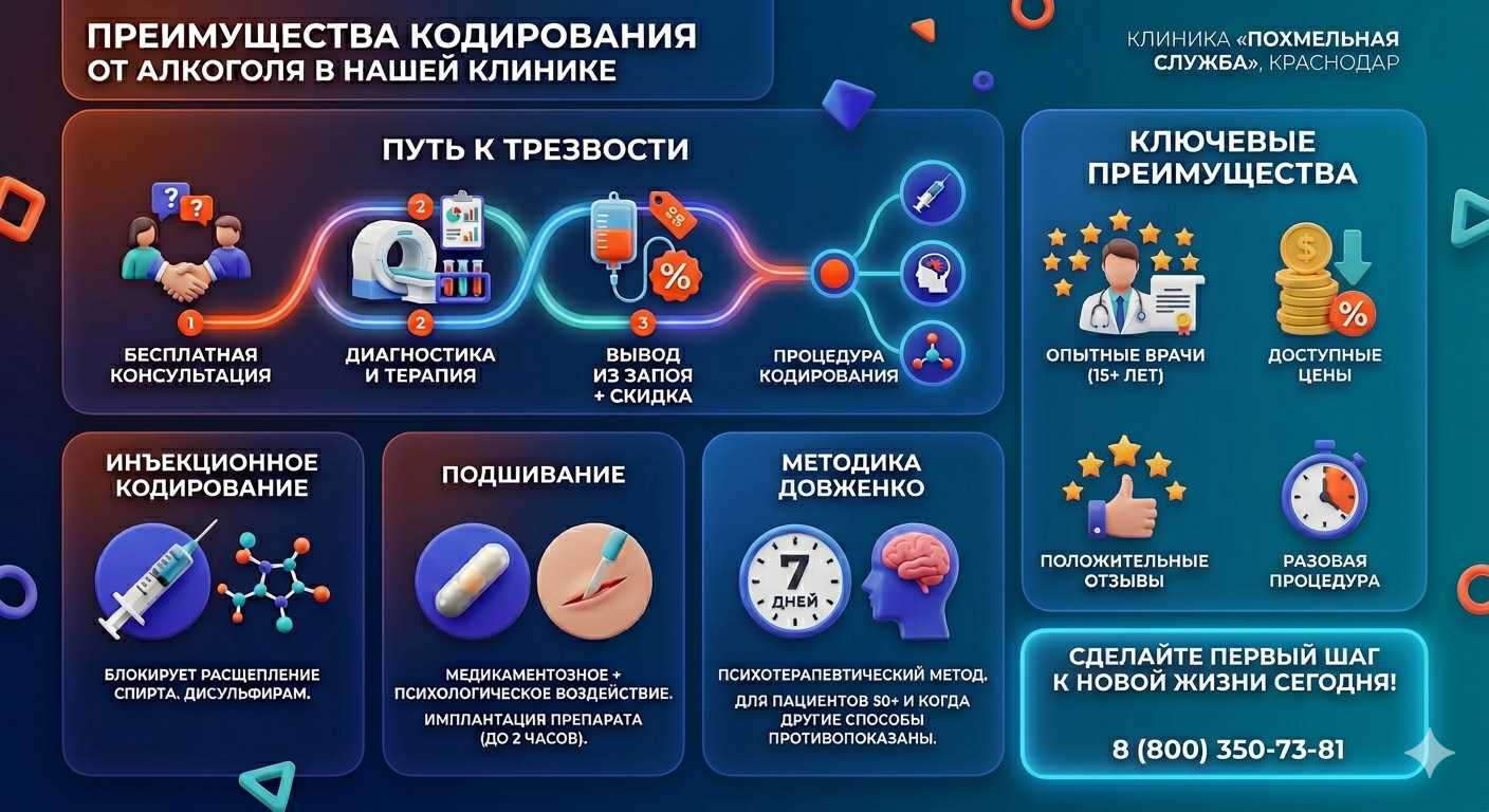 Инфографика о методах кодирования от алкоголя в Сармаково: инъекции, подшивание, метод Довженко. Преимущества клиники и этапы лечения.