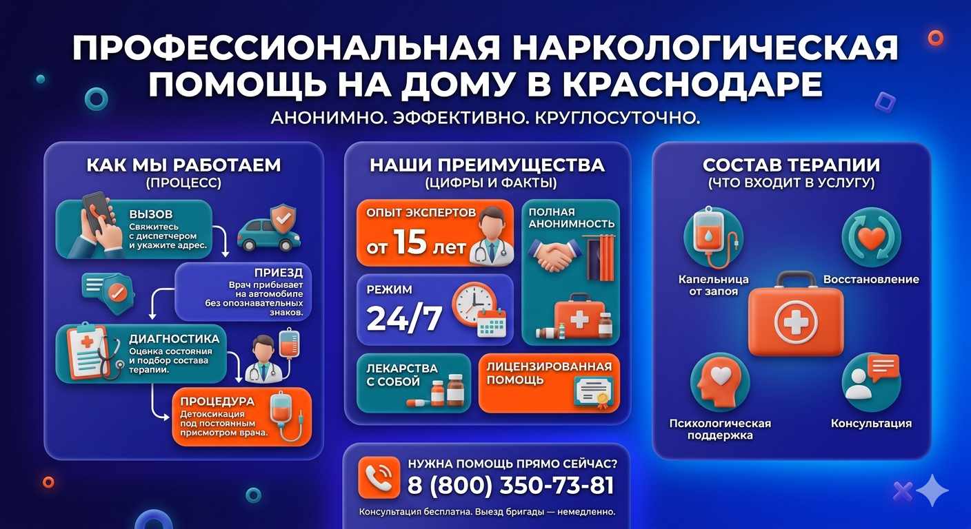 Инфографика о принципах лечения алкоголизма на дому в Сармаково: этапы вызова нарколога, преимущества анонимной детоксикации и состав медицинской помощи.